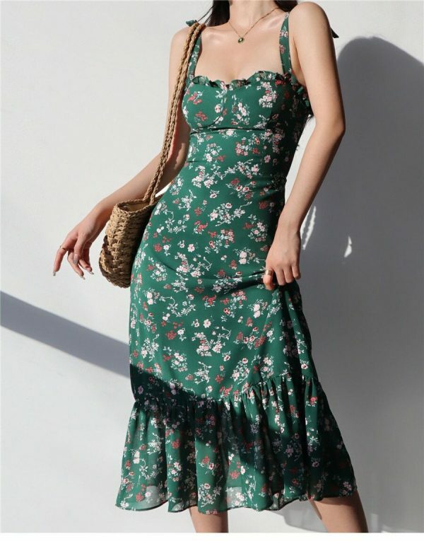 Emerald Green Floral Midi Dress with Pink Flowers - Y2K Streetwear Aesthetic