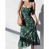 Emerald Green Floral Midi Dress with Pink Flowers - Y2K Streetwear Aesthetic