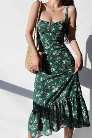 Emerald Green Floral Midi Dress with Pink Flowers - Y2K Streetwear Aesthetic