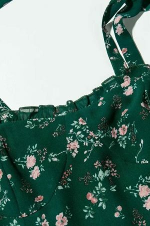 Emerald Green Floral Midi Dress with Pink Flowers - Y2K Streetwear Aesthetic