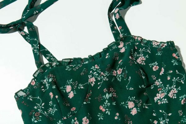 Emerald Green Floral Midi Dress with Pink Flowers - Y2K Streetwear Aesthetic