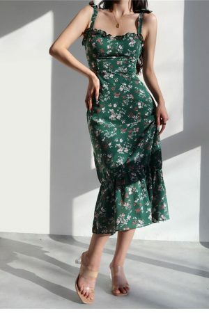 Emerald Green Floral Midi Dress with Pink Flowers - Y2K Streetwear Aesthetic