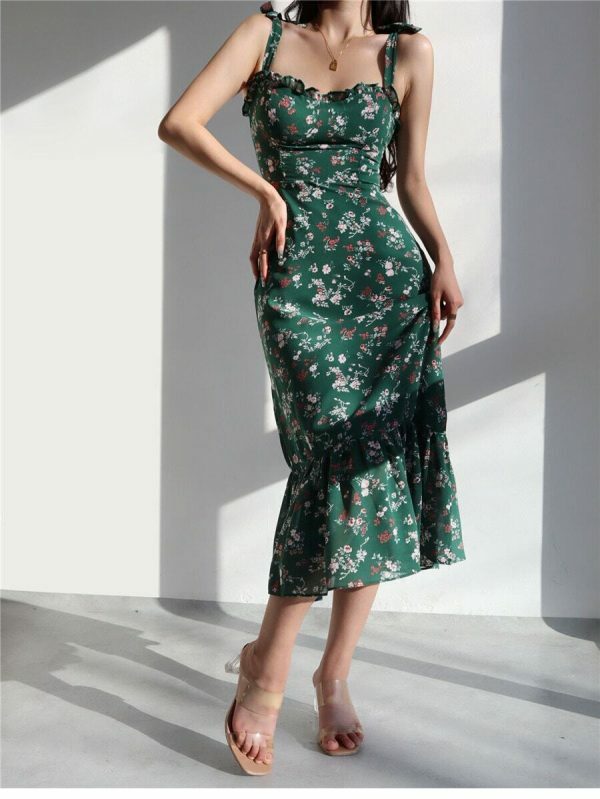 Emerald Green Floral Midi Dress with Pink Flowers - Y2K Streetwear Aesthetic