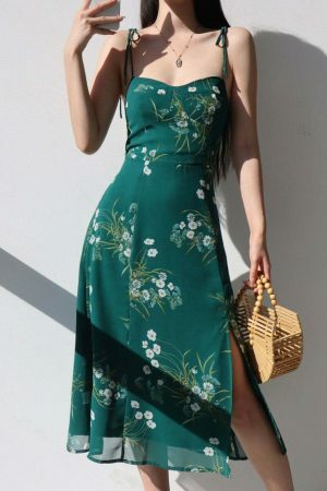 Emerald Green Floral Midi Dress with White Flowers - Y2K Streetwear Aesthetic