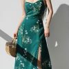 Emerald Green Floral Midi Dress with White Flowers - Y2K Streetwear Aesthetic