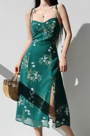 Emerald Green Floral Midi Dress with White Flowers - Y2K Streetwear Aesthetic