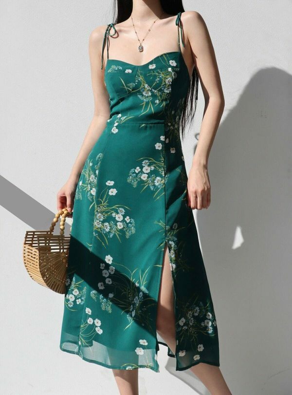 Emerald Green Floral Midi Dress with White Flowers - Y2K Streetwear Aesthetic