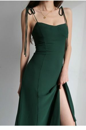 Emerald Green Midi Strap Dress - Y2K Streetwear Aesthetic