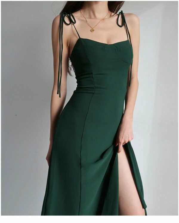 Emerald Green Midi Strap Dress - Y2K Streetwear Aesthetic