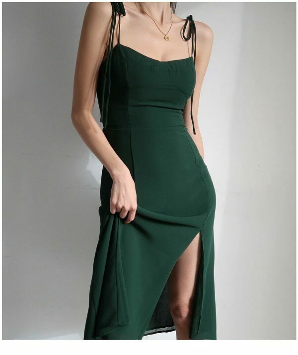 Emerald Green Midi Strap Dress - Y2K Streetwear Aesthetic