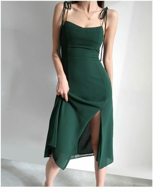 Emerald Green Midi Strap Dress - Y2K Streetwear Aesthetic