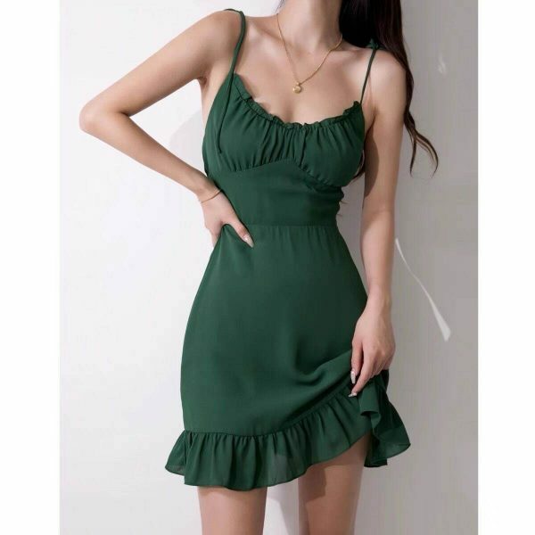 Emerald Green Mini Tie Strap Dress - Y2K Streetwear Aesthetic