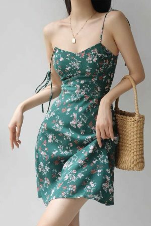 Emerald Green Pink Flowers Chiffon Tie Strap Mini Dress Y2K Korean Fashion Streetwear