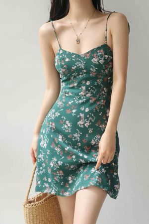 Emerald Green Pink Flowers Chiffon Tie Strap Mini Dress Y2K Korean Fashion Streetwear