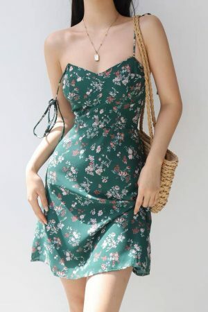 Emerald Green Pink Flowers Chiffon Tie Strap Mini Dress Y2K Korean Fashion Streetwear