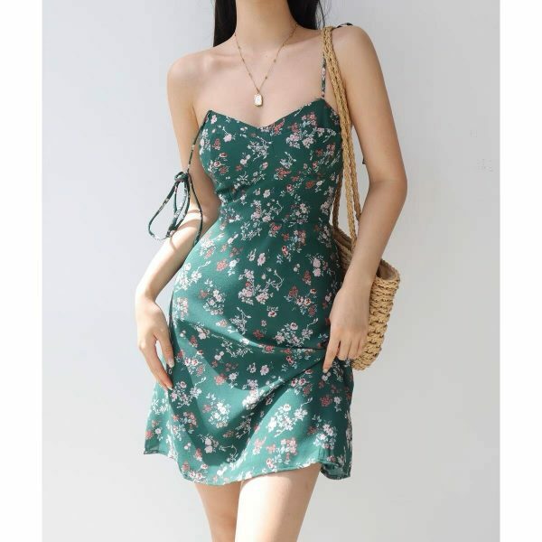 Emerald Green Pink Flowers Chiffon Tie Strap Mini Dress Y2K Korean Fashion Streetwear