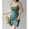 Emerald Green Pink Flowers Chiffon Tie Strap Mini Dress Y2K Korean Fashion Streetwear