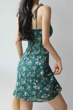 Emerald Green Pink Flowers Chiffon Tie Strap Mini Dress Y2K Korean Fashion Streetwear