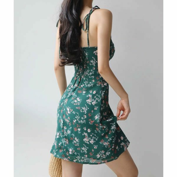 Emerald Green Pink Flowers Chiffon Tie Strap Mini Dress Y2K Korean Fashion Streetwear