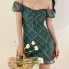 Emerald Green Plaid Off Shoulder Dress with White Lines