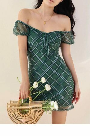 Emerald Green Plaid Off Shoulder Dress with White Lines