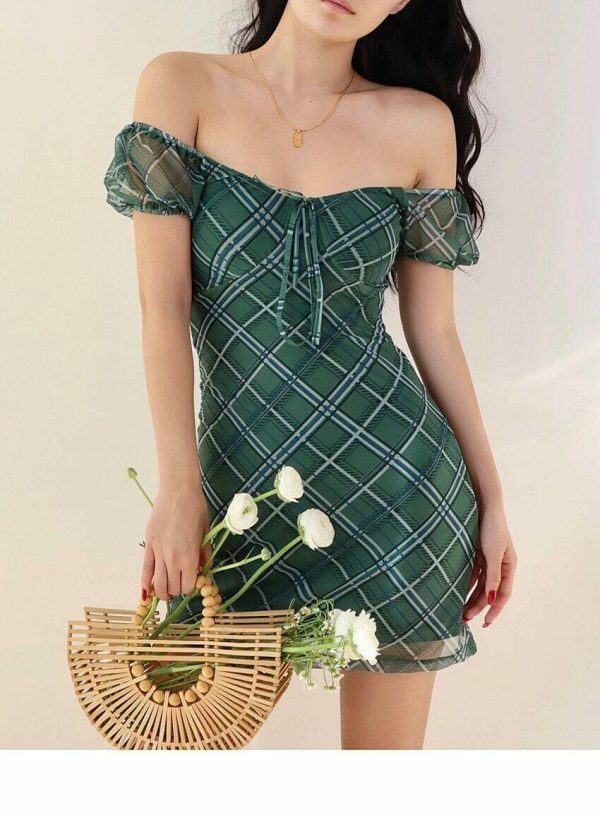 Emerald Green Plaid Off Shoulder Dress with White Lines