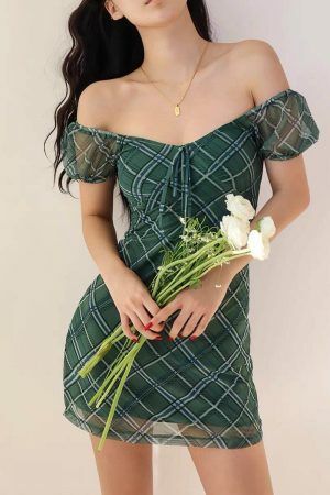 Emerald Green Plaid Off Shoulder Dress with White Lines