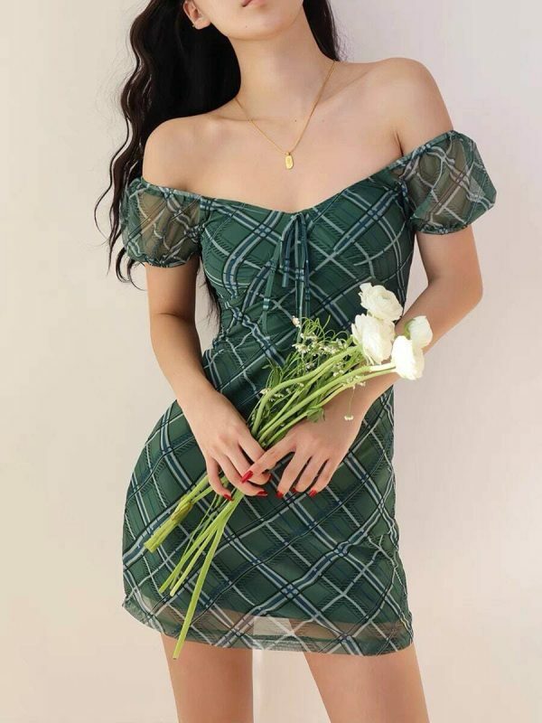 Emerald Green Plaid Off Shoulder Dress with White Lines