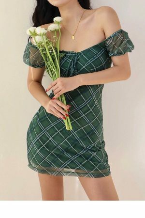 Emerald Green Plaid Off Shoulder Dress with White Lines