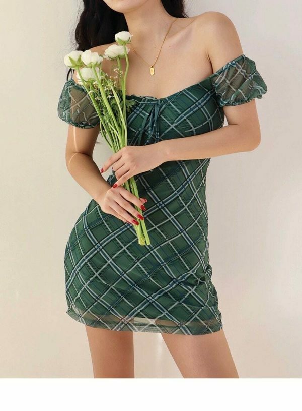 Emerald Green Plaid Off Shoulder Dress with White Lines