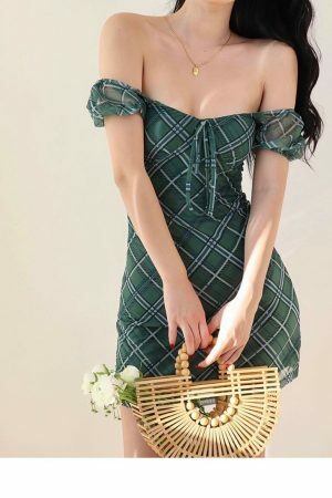 Emerald Green Plaid Off Shoulder Dress with White Lines