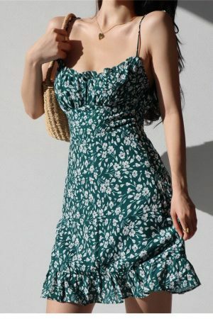 Emerald Green White Floral Mini Strap Dress Ruffles Frills Y2K Aesthetic Streetwear