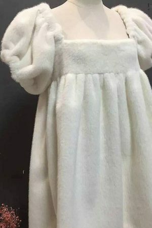 Faux Fur Babydoll Dress with Coquette Puff Sleeves