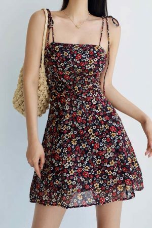 Floral Chiffon Tie Strap Mini Dress - Y2K Streetwear Aesthetic