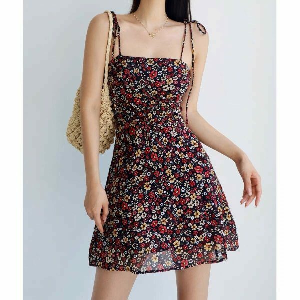 Floral Chiffon Tie Strap Mini Dress - Y2K Streetwear Aesthetic