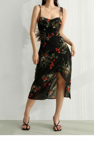 Floral Midi Split Dress with Y2K Streetwear Aesthetic