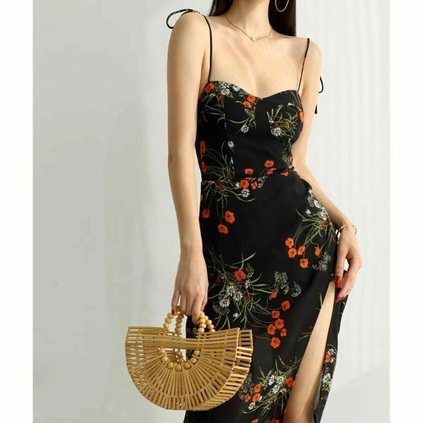 Floral Midi Split Dress with Y2K Streetwear Aesthetic