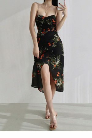 Floral Midi Split Dress with Y2K Streetwear Aesthetic