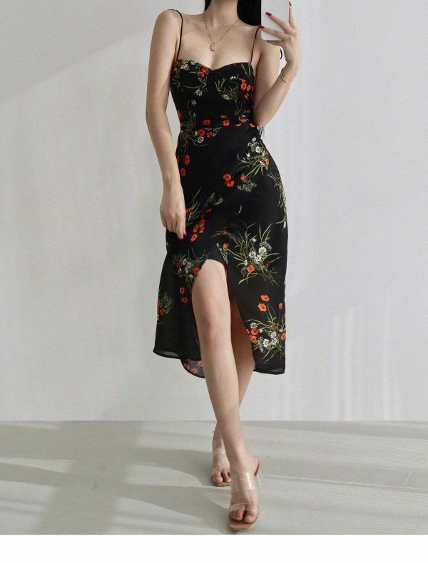 Floral Midi Split Dress with Y2K Streetwear Aesthetic