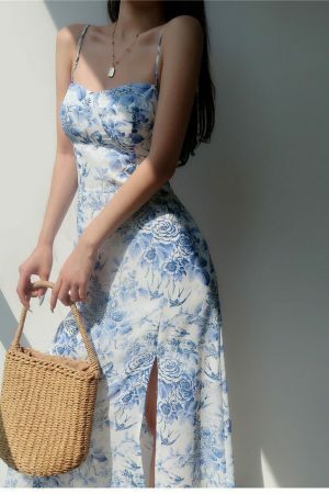 Floral Midi Strap Dress with Blue Roses - Y2K Streetwear Aesthetic