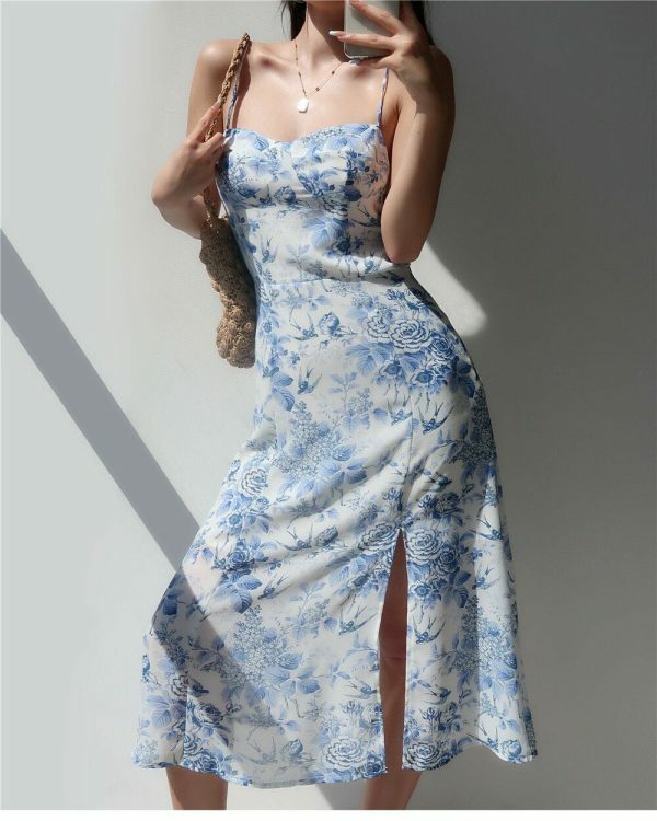 Floral Midi Strap Dress with Blue Roses - Y2K Streetwear Aesthetic