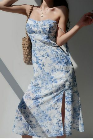 Floral Midi Strap Dress with Blue Roses - Y2K Streetwear Aesthetic