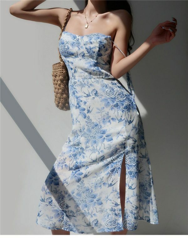 Floral Midi Strap Dress with Blue Roses - Y2K Streetwear Aesthetic