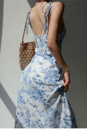 Floral Midi Strap Dress with Blue Roses - Y2K Streetwear Aesthetic