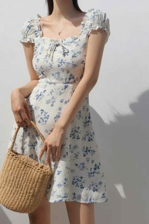 Floral Mini Puff Sleeve Dress - Y2K Streetwear Aesthetic