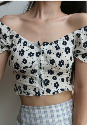 Floral Puff Sleeves Crop Top - Y2K Streetwear French Retro Aesthetic