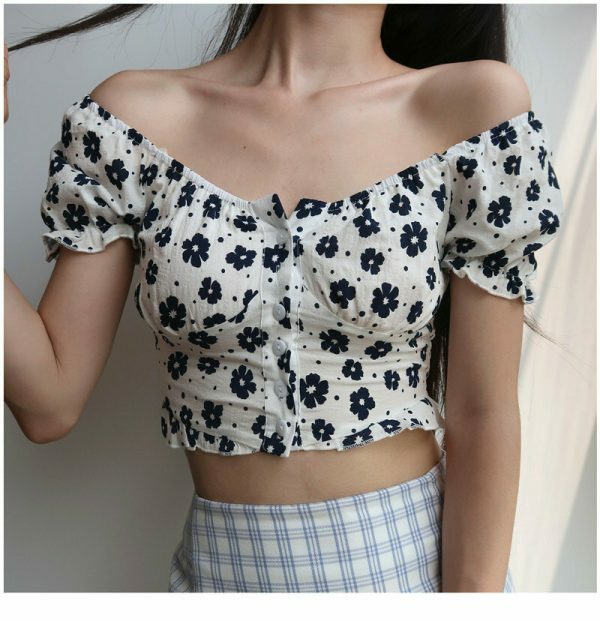 Floral Puff Sleeves Crop Top - Y2K Streetwear French Retro Aesthetic