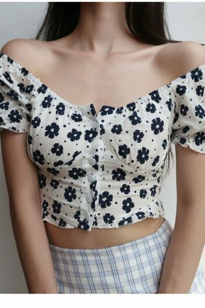 Floral Puff Sleeves Crop Top - Y2K Streetwear French Retro Aesthetic