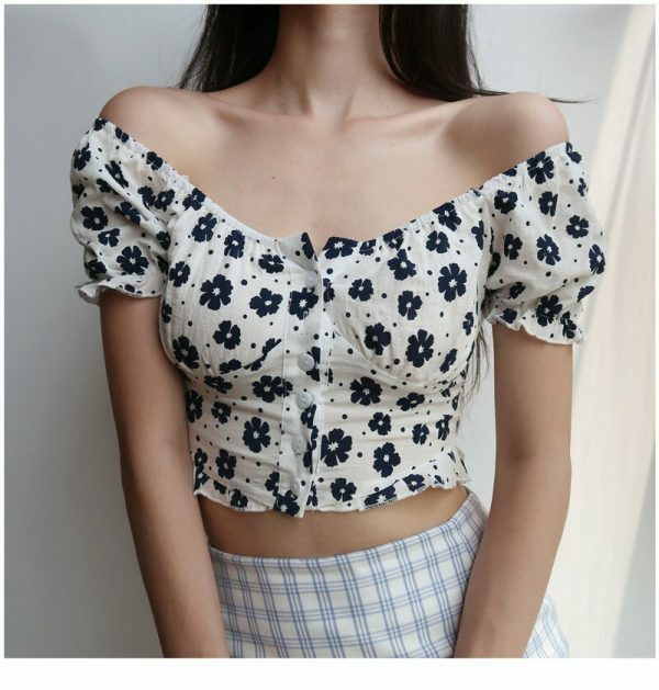 Floral Puff Sleeves Crop Top - Y2K Streetwear French Retro Aesthetic