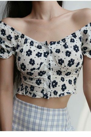 Floral Puff Sleeves Crop Top - Y2K Streetwear French Retro Aesthetic